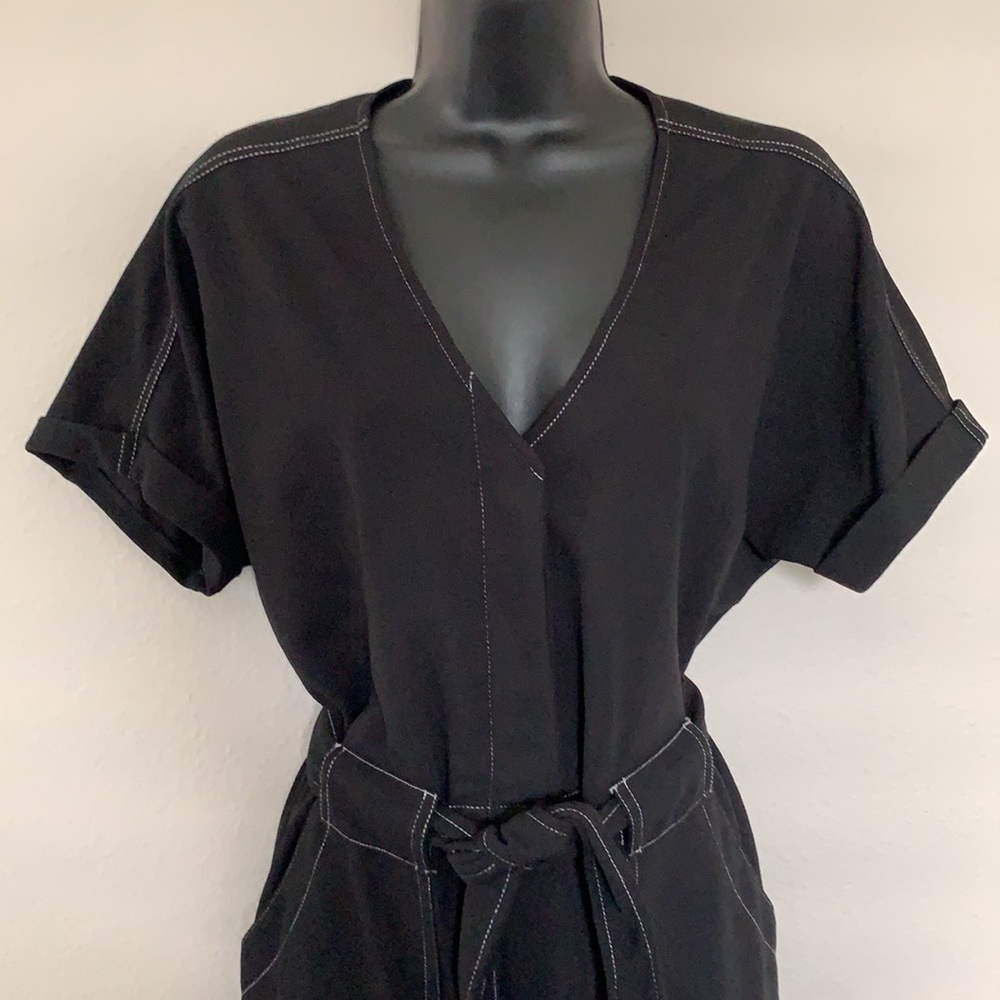 Lush Black Contrast Stitch Button Front Short Sleeve Tie Waist Jumpsuit - Picture 2 of 12